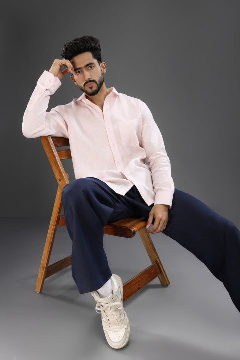 Baby Pink Shirt & Navy blue Loose Pant Combination