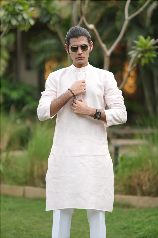 Baby Pink Pure Linen Kurta & White Cotton Pyjama Set