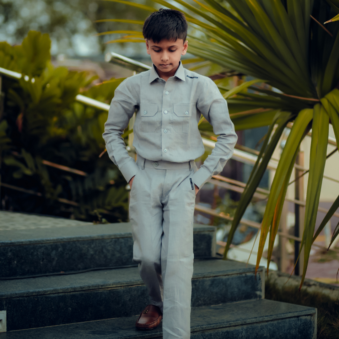 Grey - Pure Linen Cord Set - For Kids