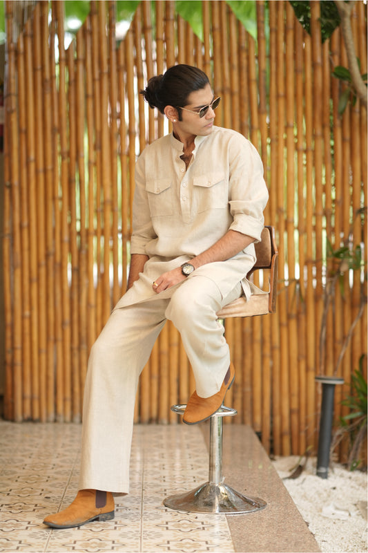 Natural Khadi Pure Linen Kurta Pyjama Double Pocket Cord Set