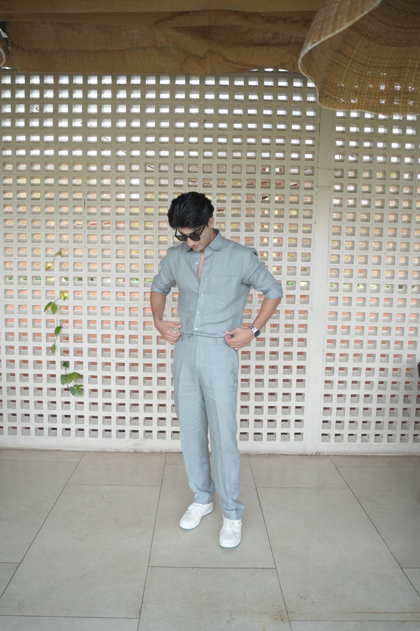 Greenish Grey Pure Linen Cord Set