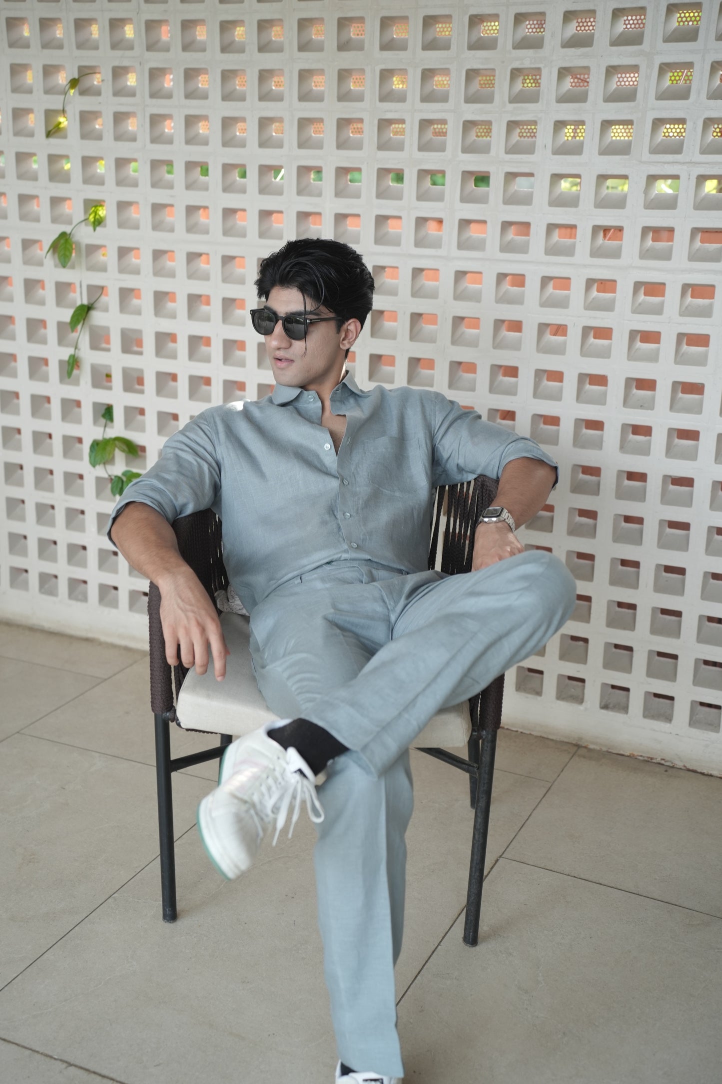 Greenish Grey Pure Linen Cord Set