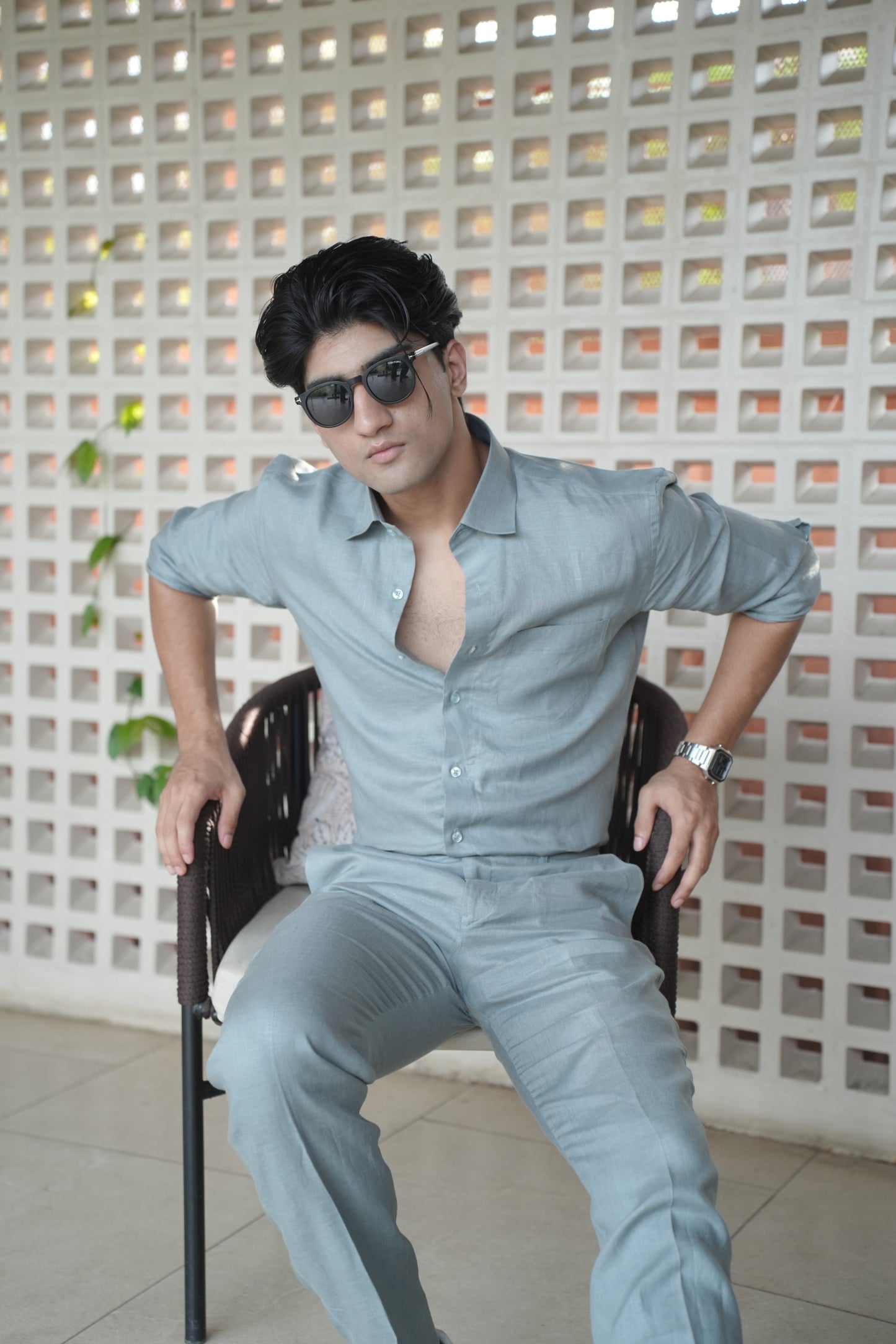 Greenish Grey Pure Linen Cord Set