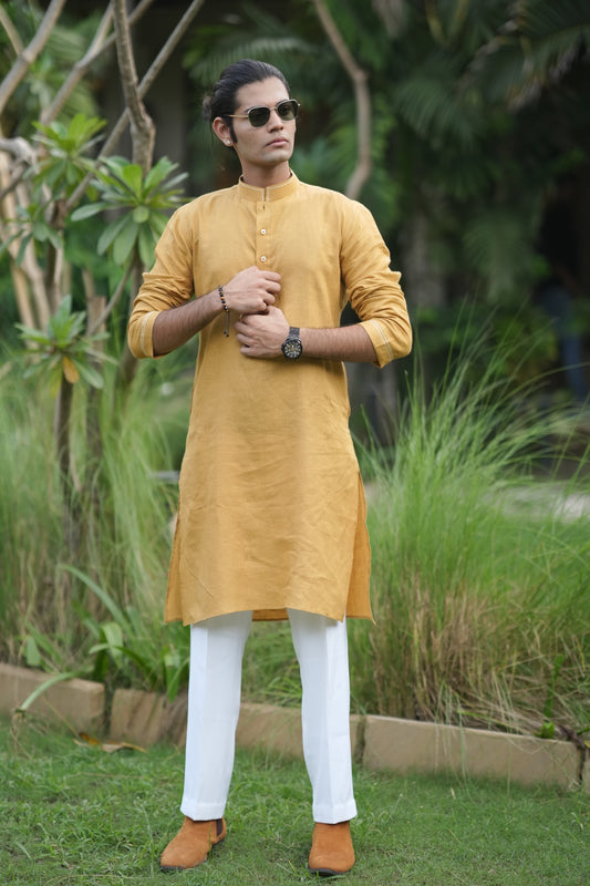 Turmeric Yellow Pure Linen Kurta & White Cotton Pyjama Set