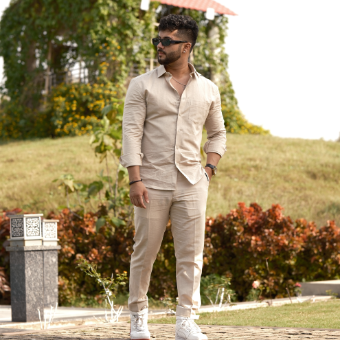 Natural - Cotton Linen Co-ord Set - Full Shirt Full Pant