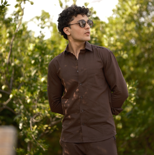 Brown - Cotton Linen Co-ord Set - Full Shirt Full Pant