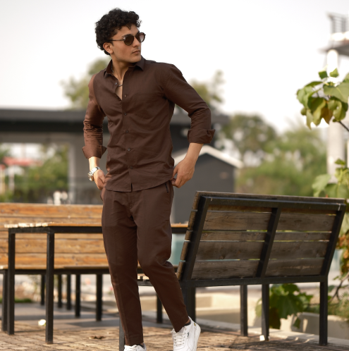 Brown - Cotton Linen Co-ord Set - Full Shirt Full Pant