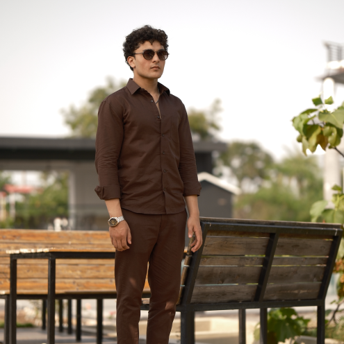 Brown - Cotton Linen Co-ord Set - Full Shirt Full Pant