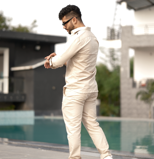 Cream - Cotton Linen Co-ord Set - Full Shirt Full Pant