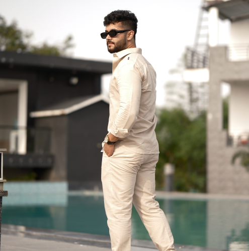 Cream - Cotton Linen Co-ord Set - Full Shirt Full Pant
