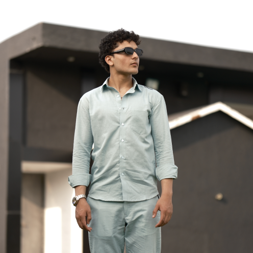 Dusty Blue - Cotton Linen Co-ord Set - Full Shirt Full Pant