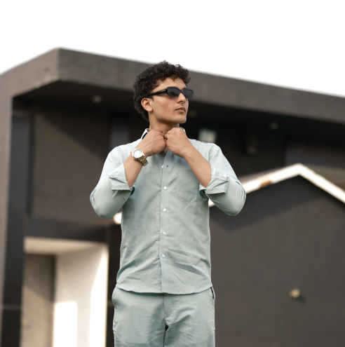 Dusty Blue - Cotton Linen Co-ord Set - Full Shirt Full Pant