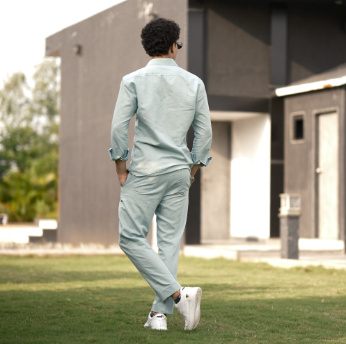 Dusty Blue - Cotton Linen Co-ord Set - Full Shirt Full Pant