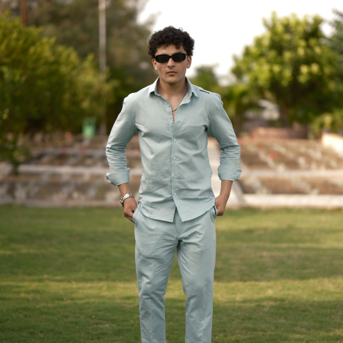 Dusty Blue - Cotton Linen Co-ord Set - Full Shirt Full Pant