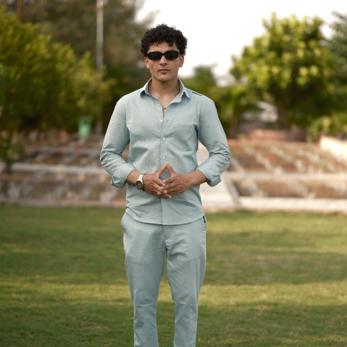 Dusty Blue - Cotton Linen Co-ord Set - Full Shirt Full Pant