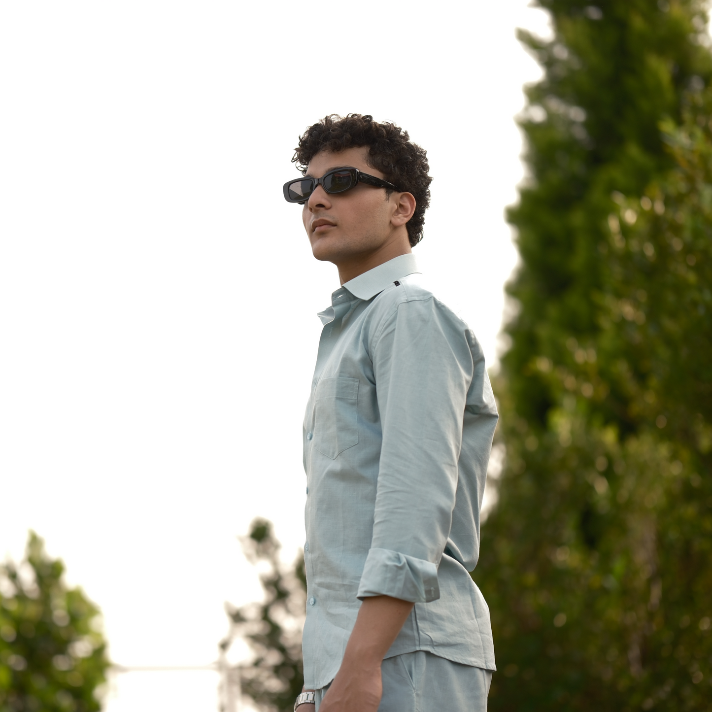 Dusty Blue - Cotton Linen Co-ord Set - Full Shirt Half Pant