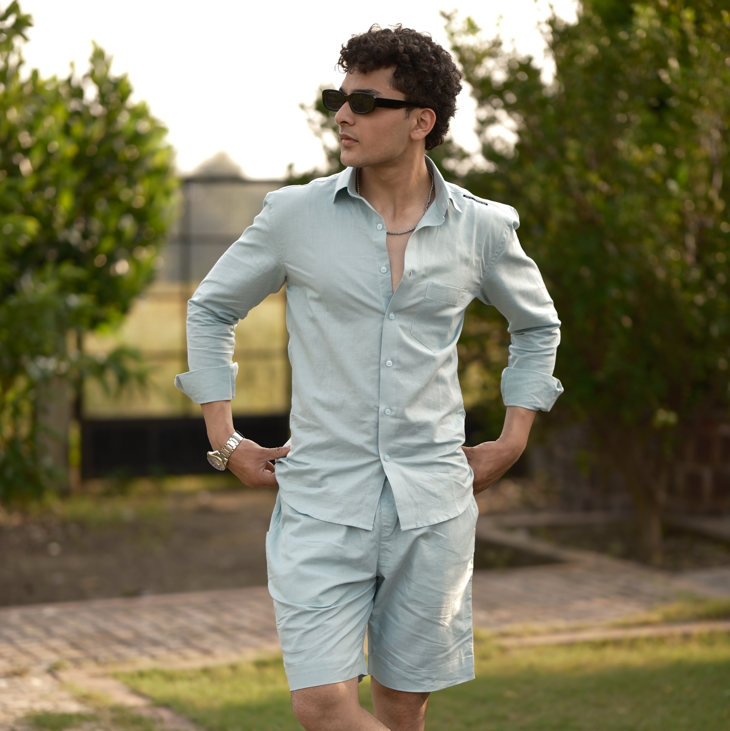 Dusty Blue - Cotton Linen Co-ord Set - Full Shirt Half Pant