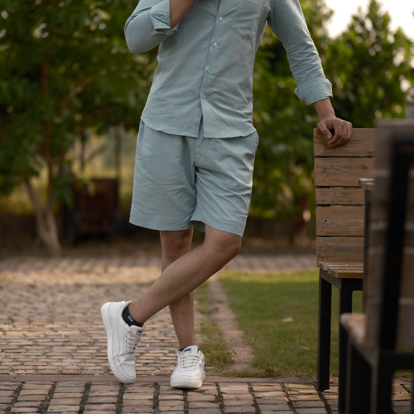 Dusty Blue - Cotton Linen Co-ord Set - Full Shirt Half Pant