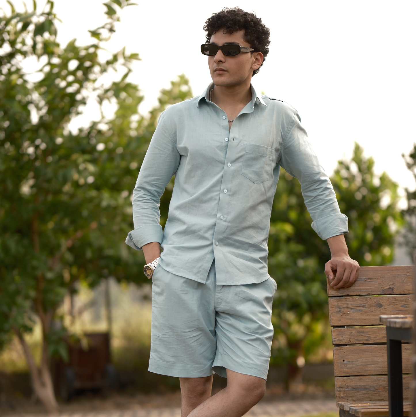 Dusty Blue - Cotton Linen Co-ord Set - Full Shirt Half Pant