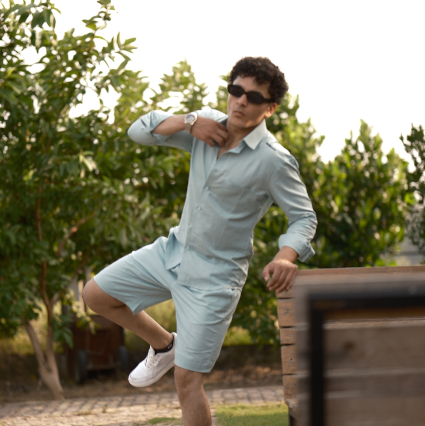 Dusty Blue - Cotton Linen Co-ord Set - Full Shirt Half Pant