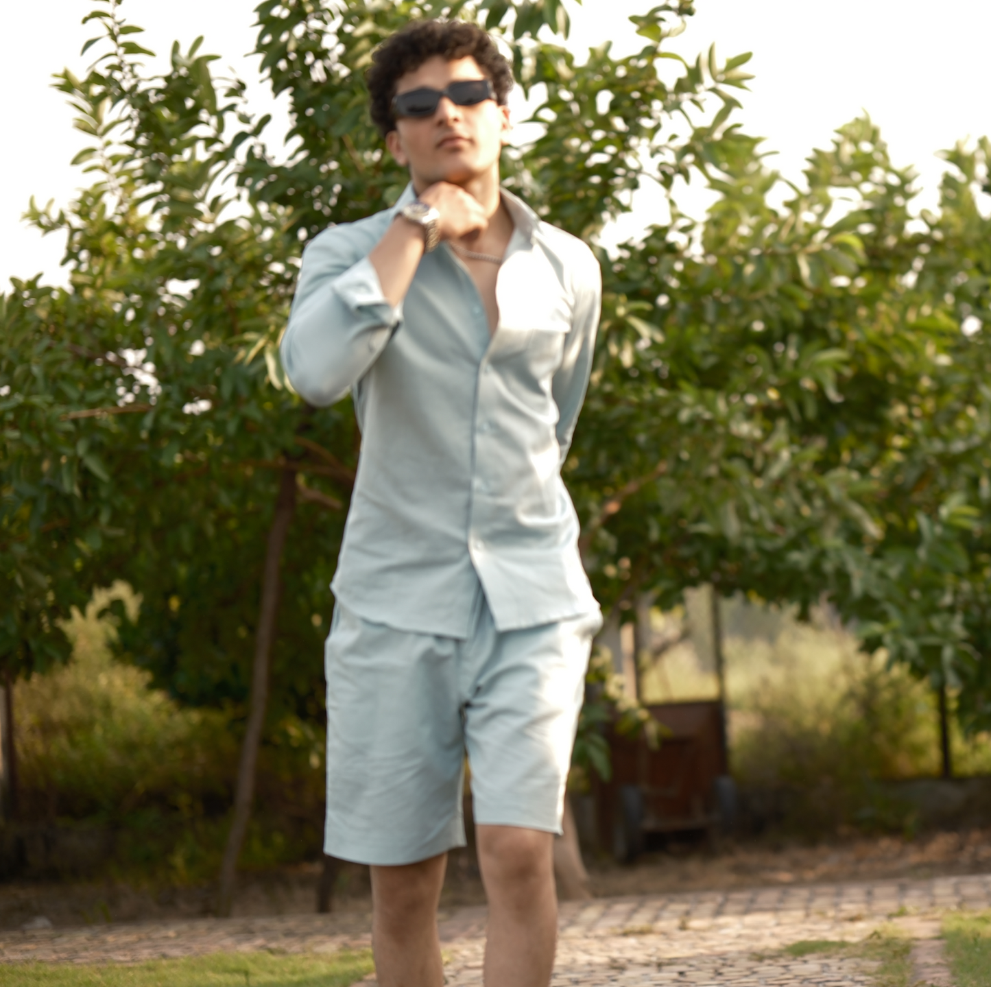 Dusty Blue - Cotton Linen Co-ord Set - Full Shirt Half Pant