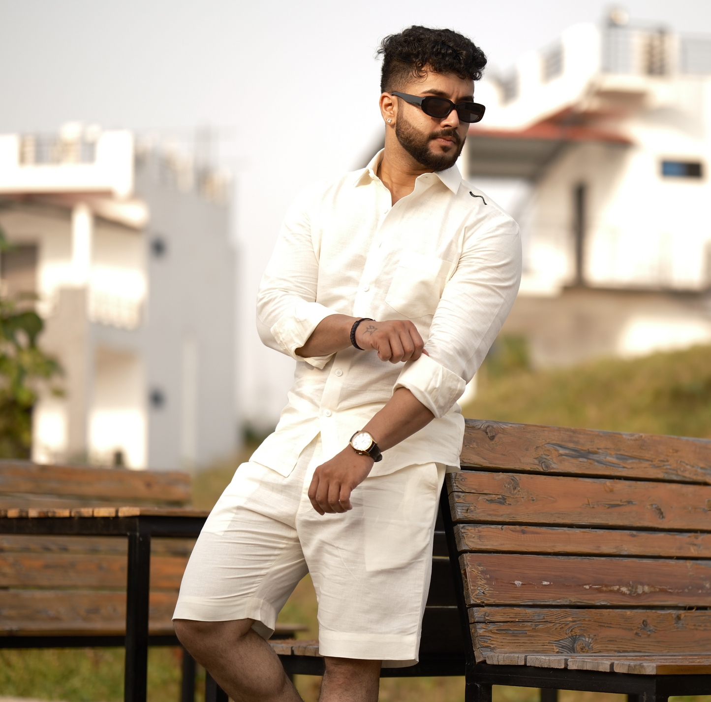 Cream - Cotton Linen Co-ord Set - Full Shirt Half Pant