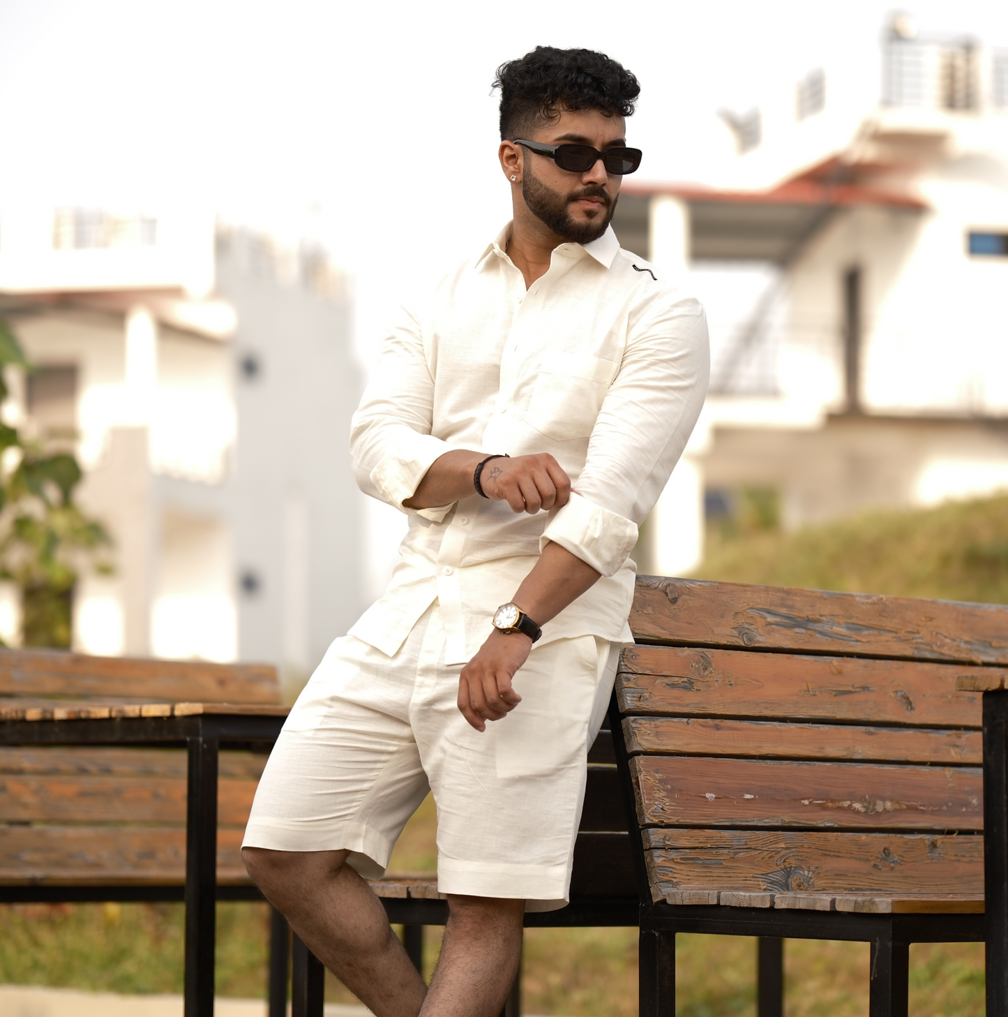 Cream - Cotton Linen Co-ord Set - Full Shirt Half Pant