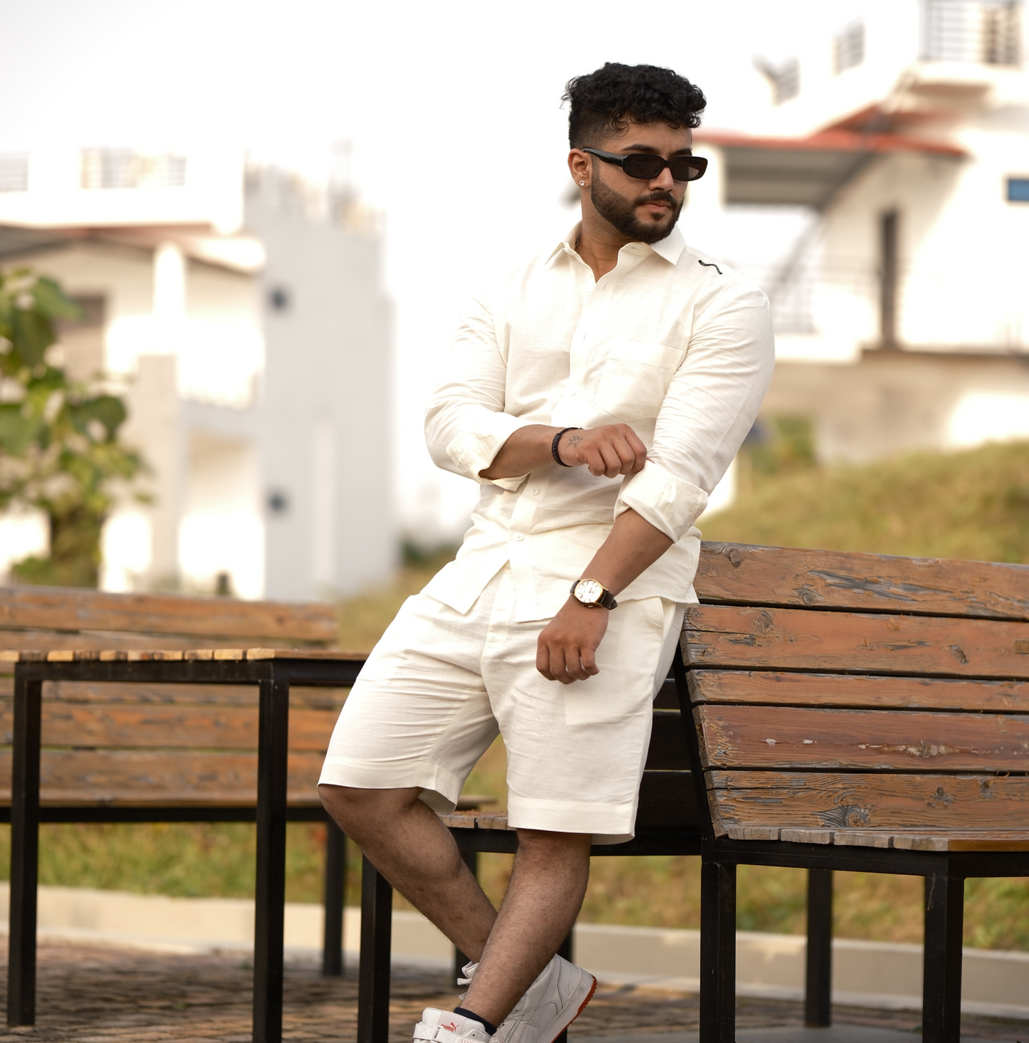 Cream - Cotton Linen Co-ord Set - Full Shirt Half Pant