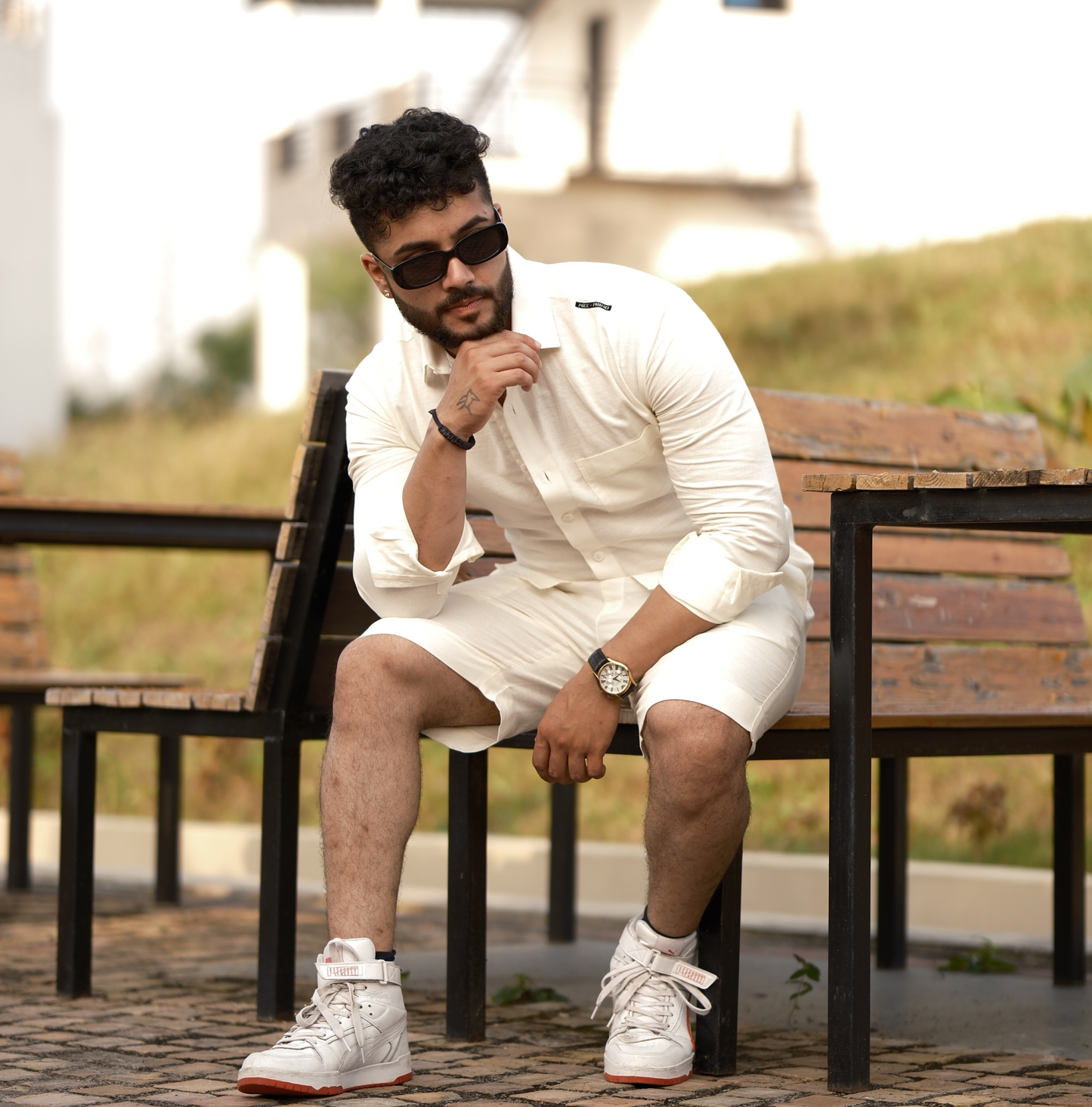 Cream - Cotton Linen Co-ord Set - Full Shirt Half Pant