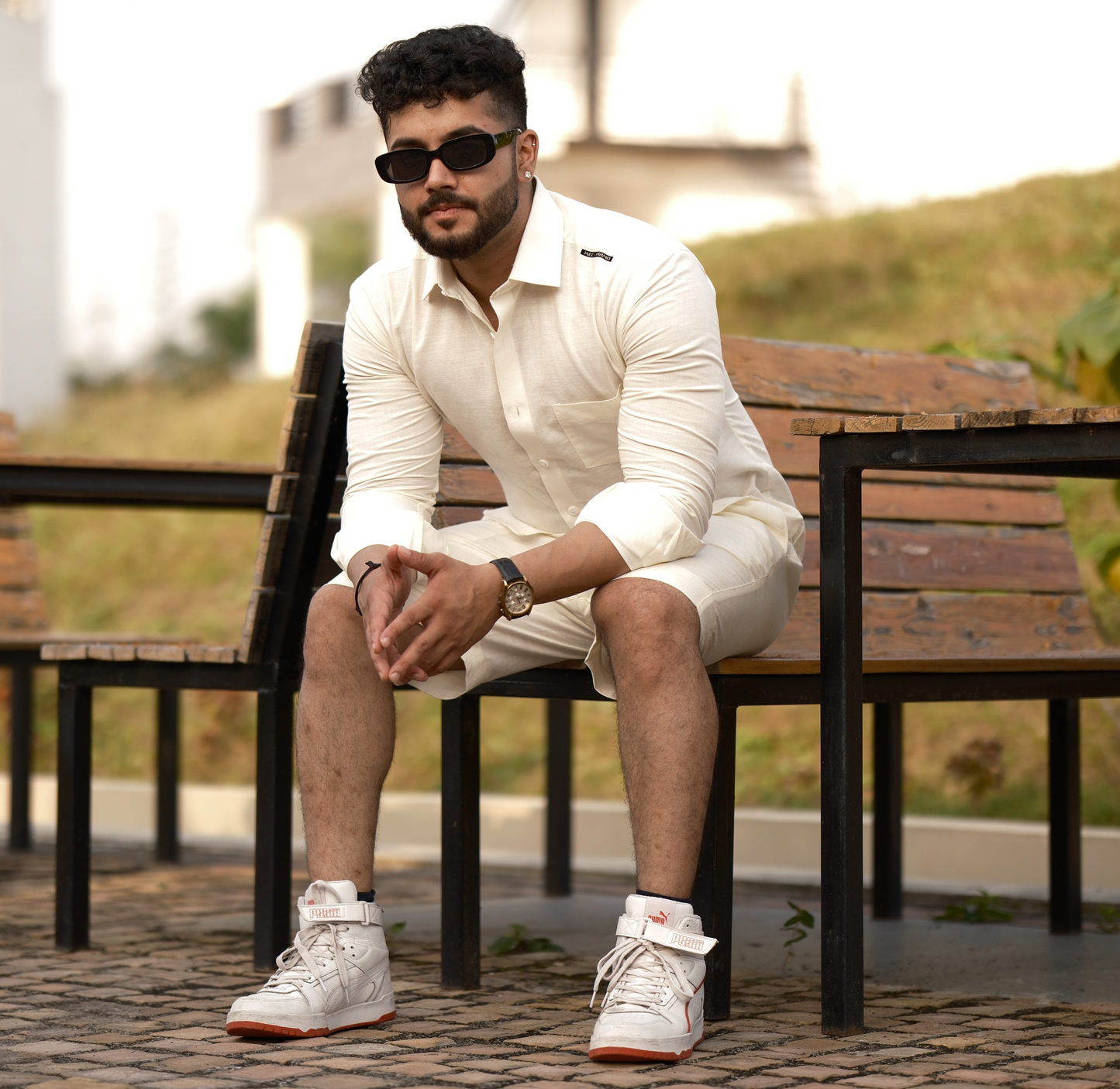 Cream - Cotton Linen Co-ord Set - Full Shirt Half Pant