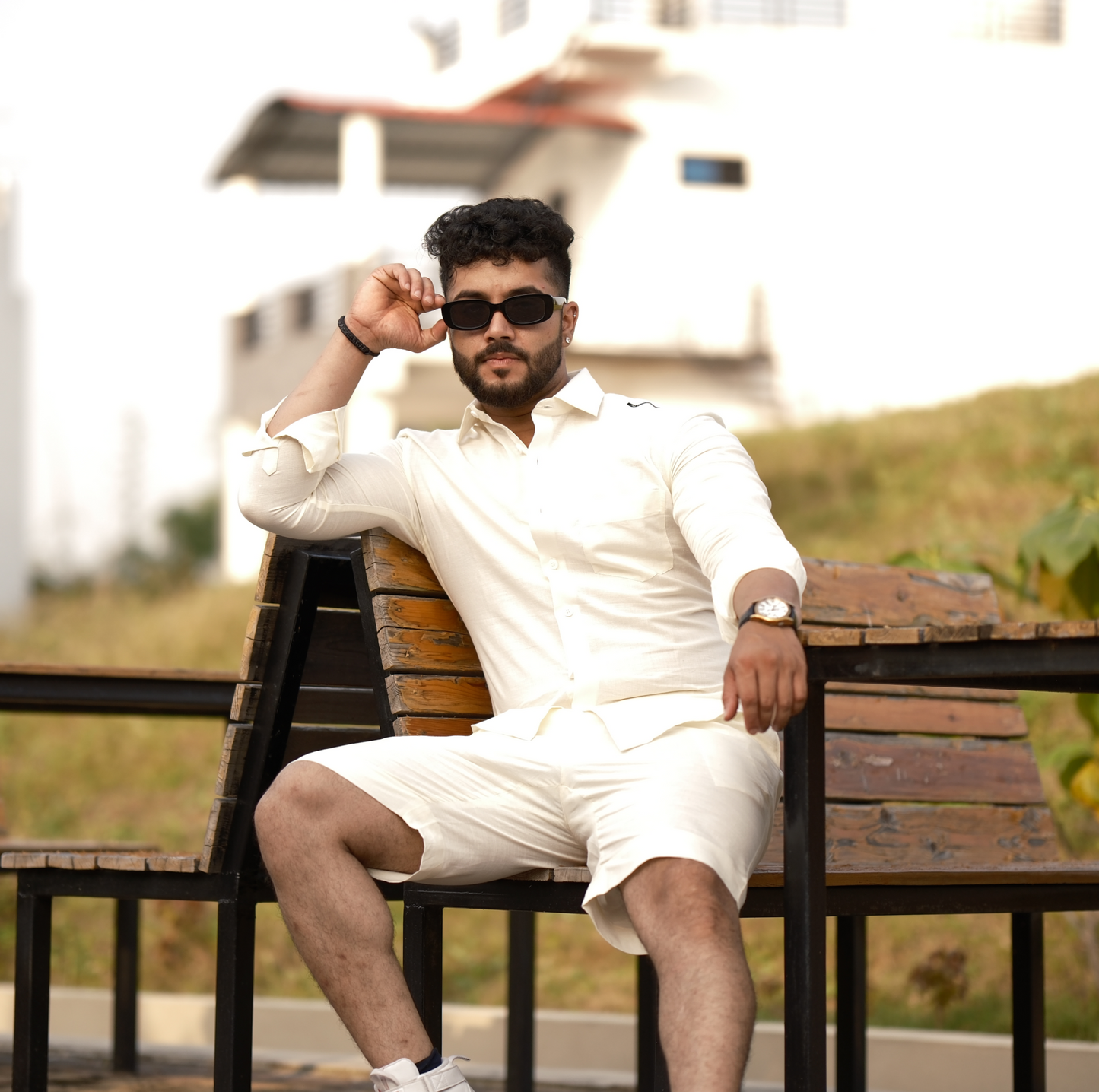 Cream - Cotton Linen Co-ord Set - Full Shirt Half Pant
