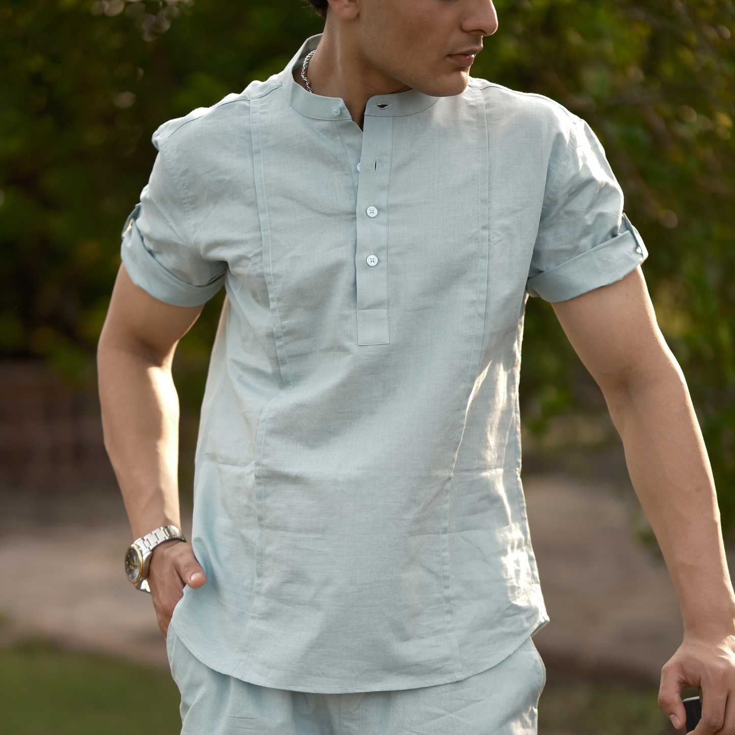 Dusty Blue - Cotton Linen Co-ord Set - Half Pant Half Shirt