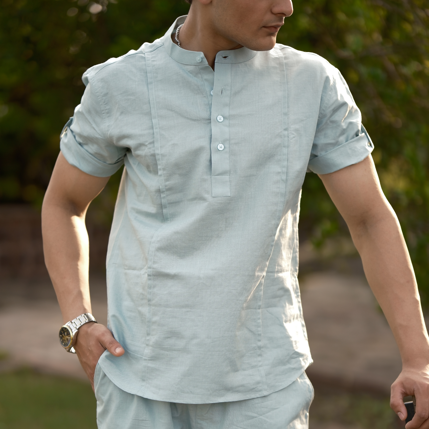 Dusty Blue - Cotton Linen Co-ord Set - Half Pant Half Shirt