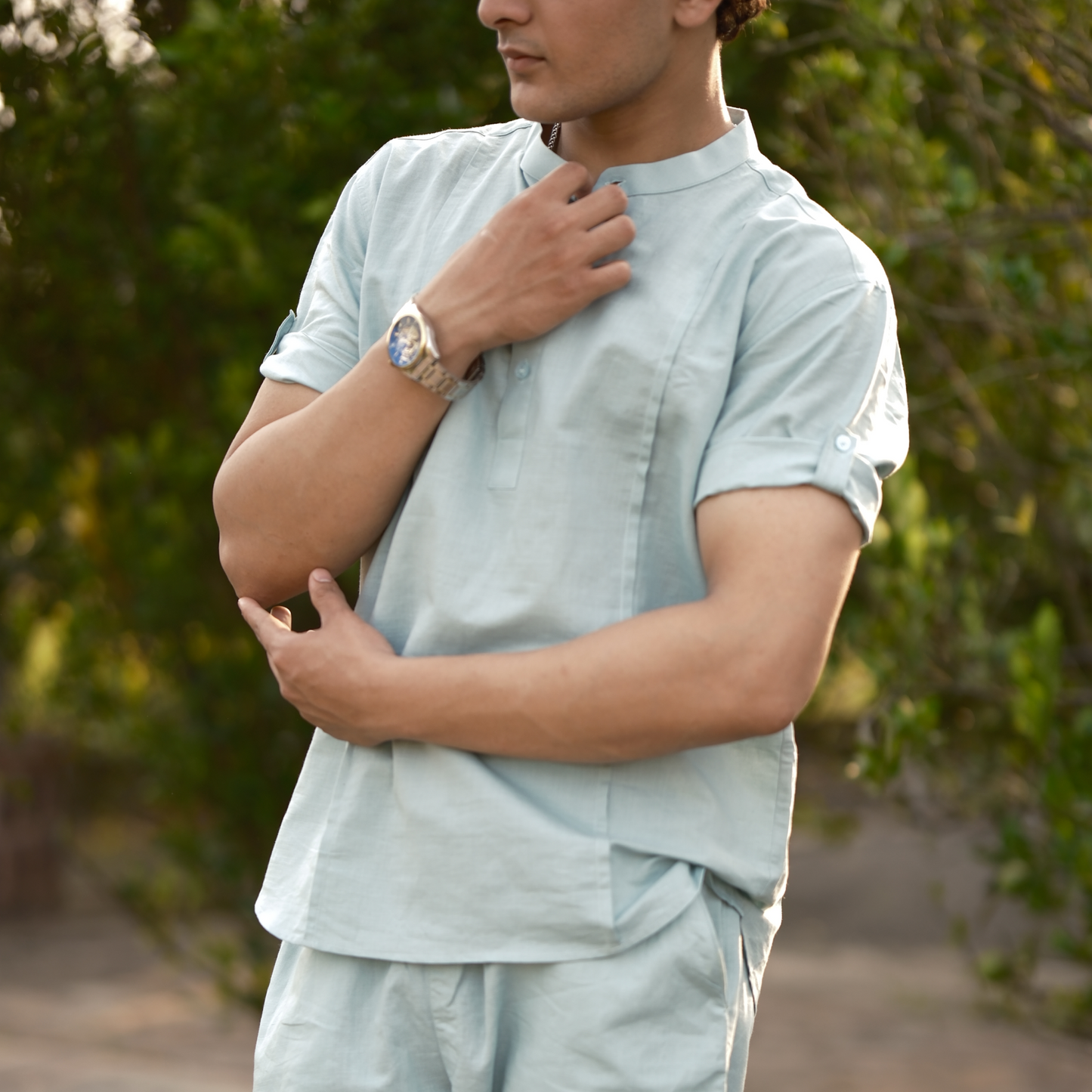 Dusty Blue - Cotton Linen Co-ord Set - Half Pant Half Shirt