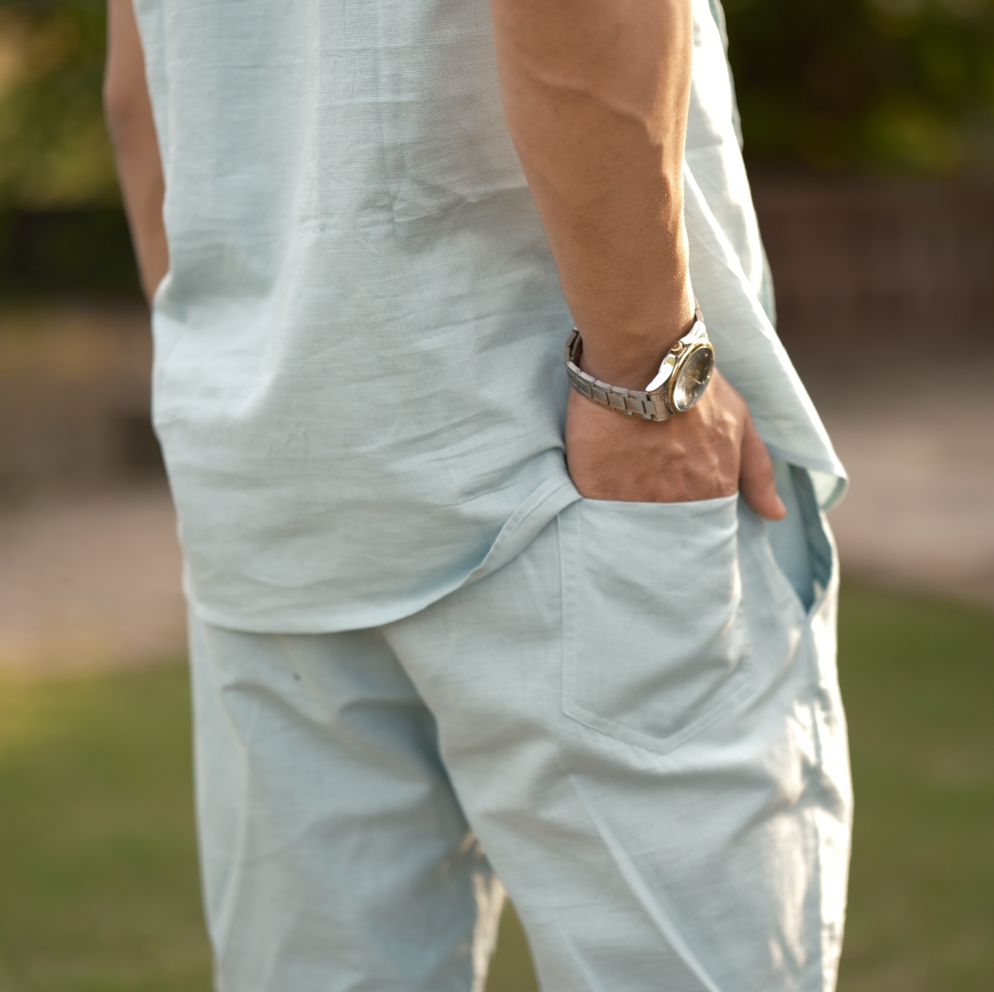 Dusty Blue - Cotton Linen Co-ord Set - Half Pant Half Shirt