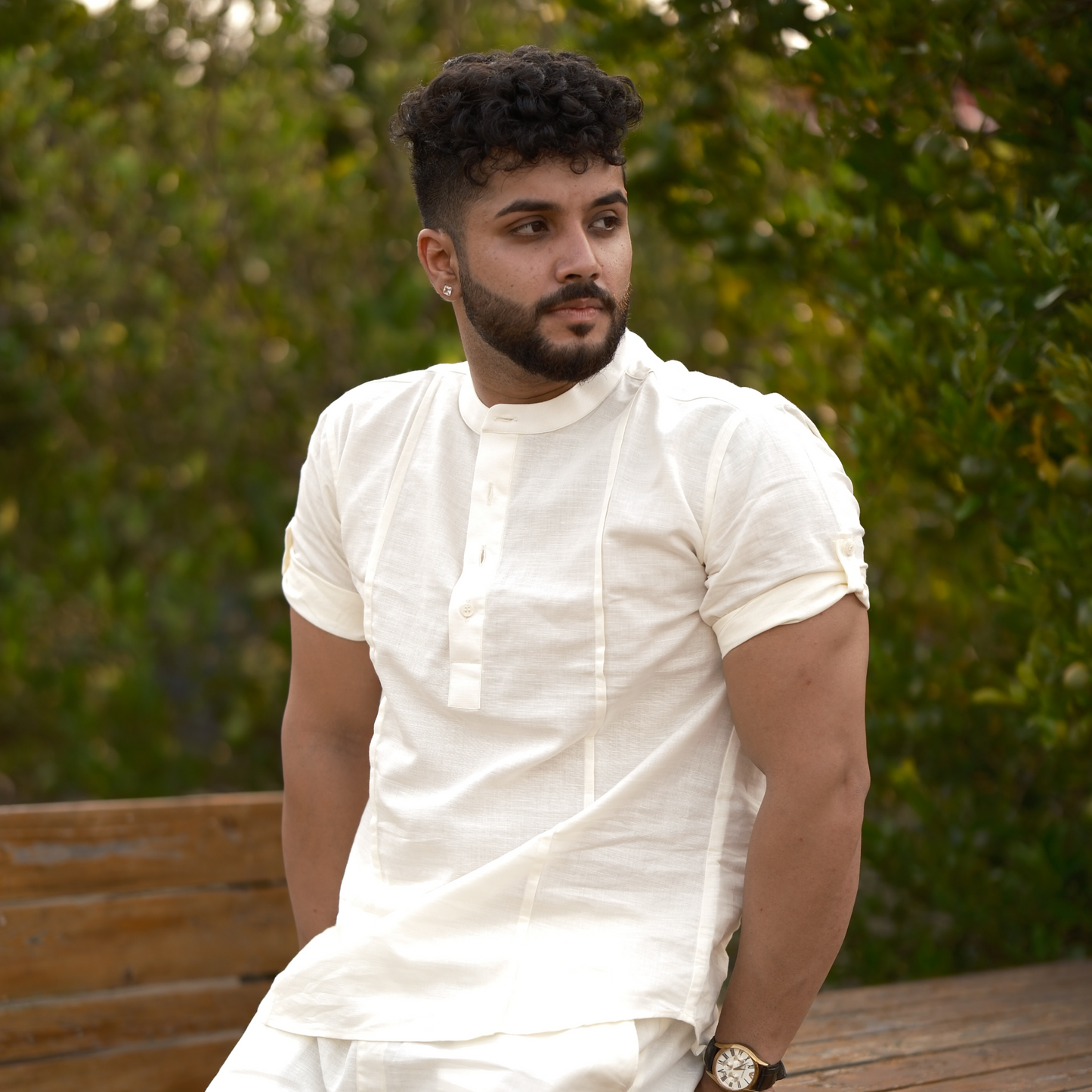 Cream - Cotton Linen Co-ord Set - Half Pant Half Shirt