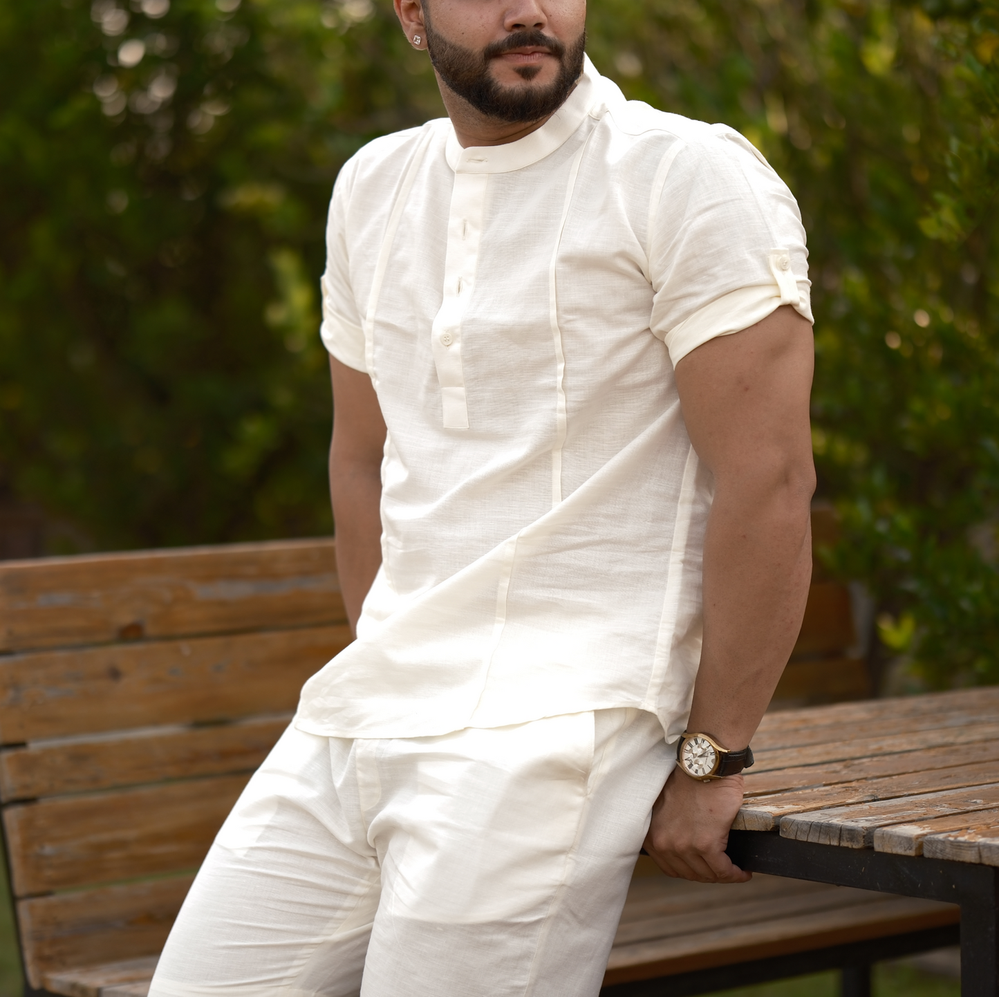 Cream - Cotton Linen Co-ord Set - Half Pant Half Shirt