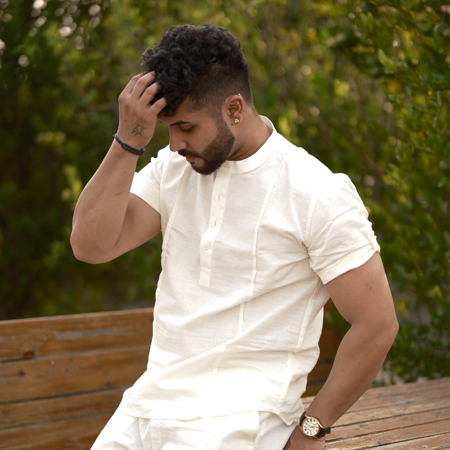 Cream - Cotton Linen Co-ord Set - Half Pant Half Shirt