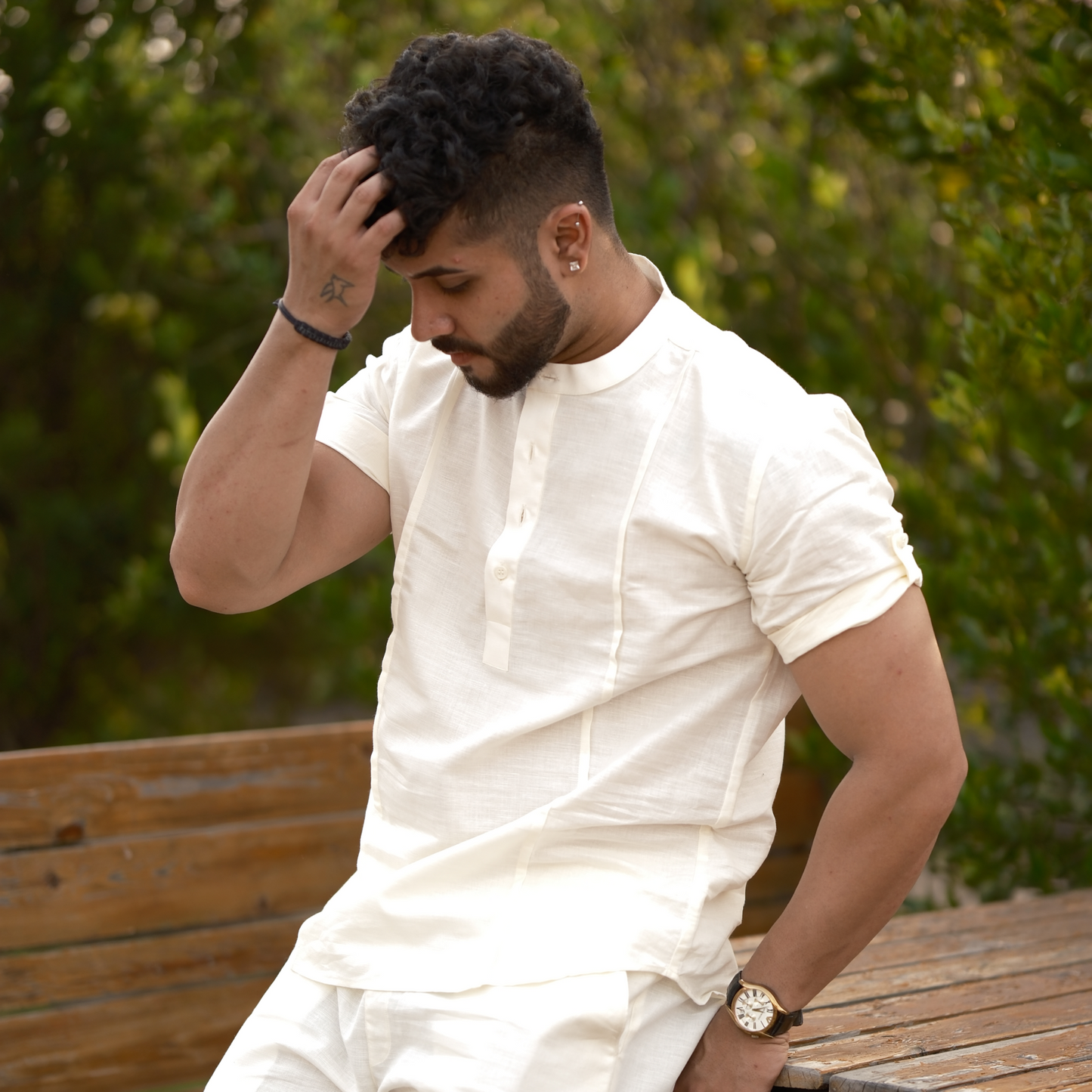 Cream - Cotton Linen Co-ord Set - Half Pant Half Shirt