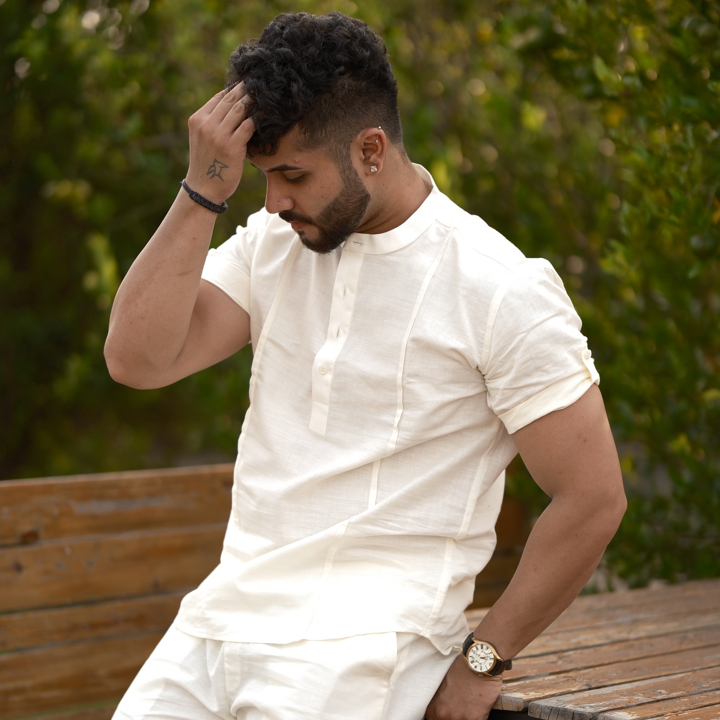Cream - Cotton Linen Co-ord Set - Half Pant Half Shirt
