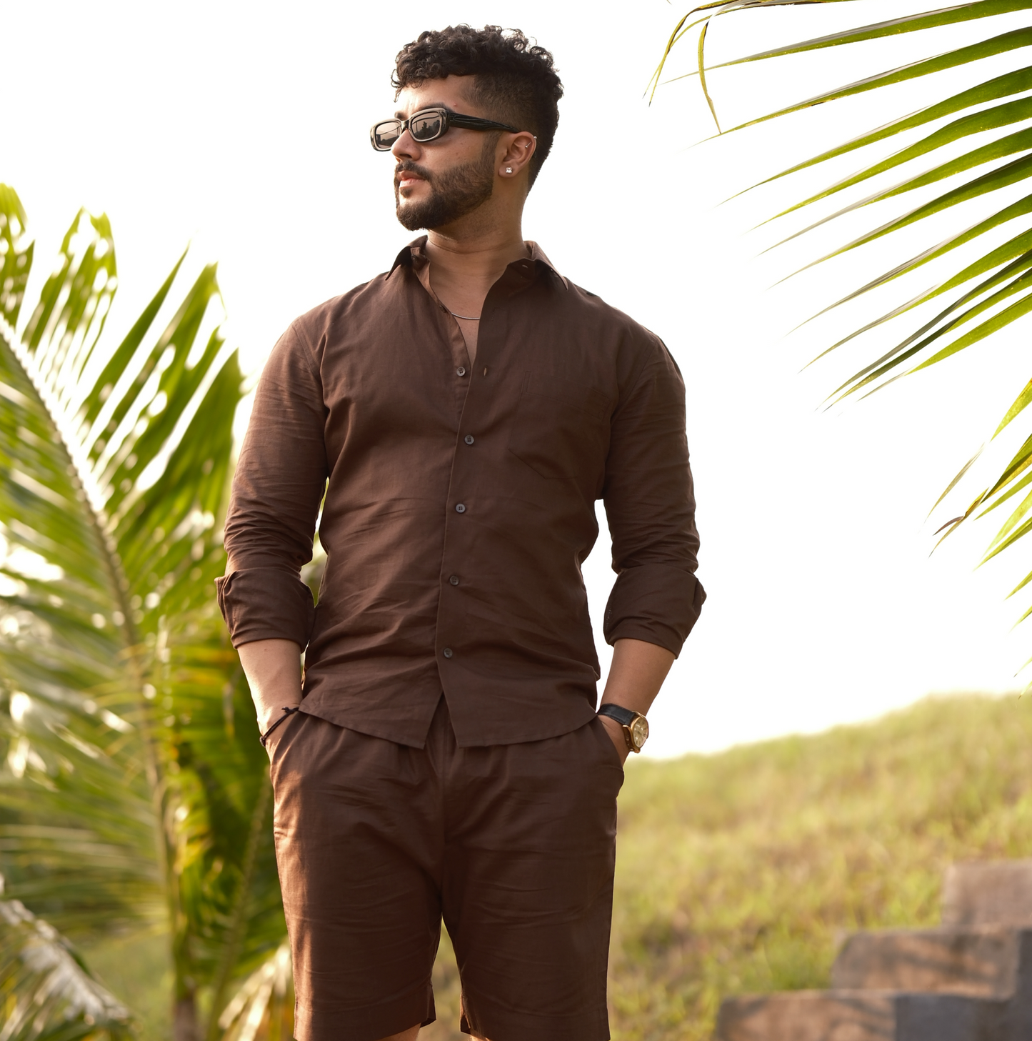 Brown - Cotton Linen Co-ord Set - Full Shirt Half Pant