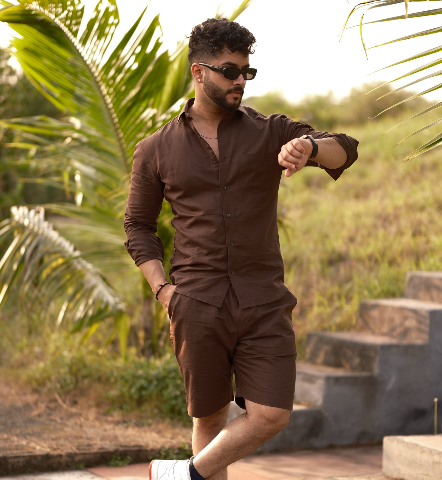 Brown - Cotton Linen Co-ord Set - Full Shirt Half Pant