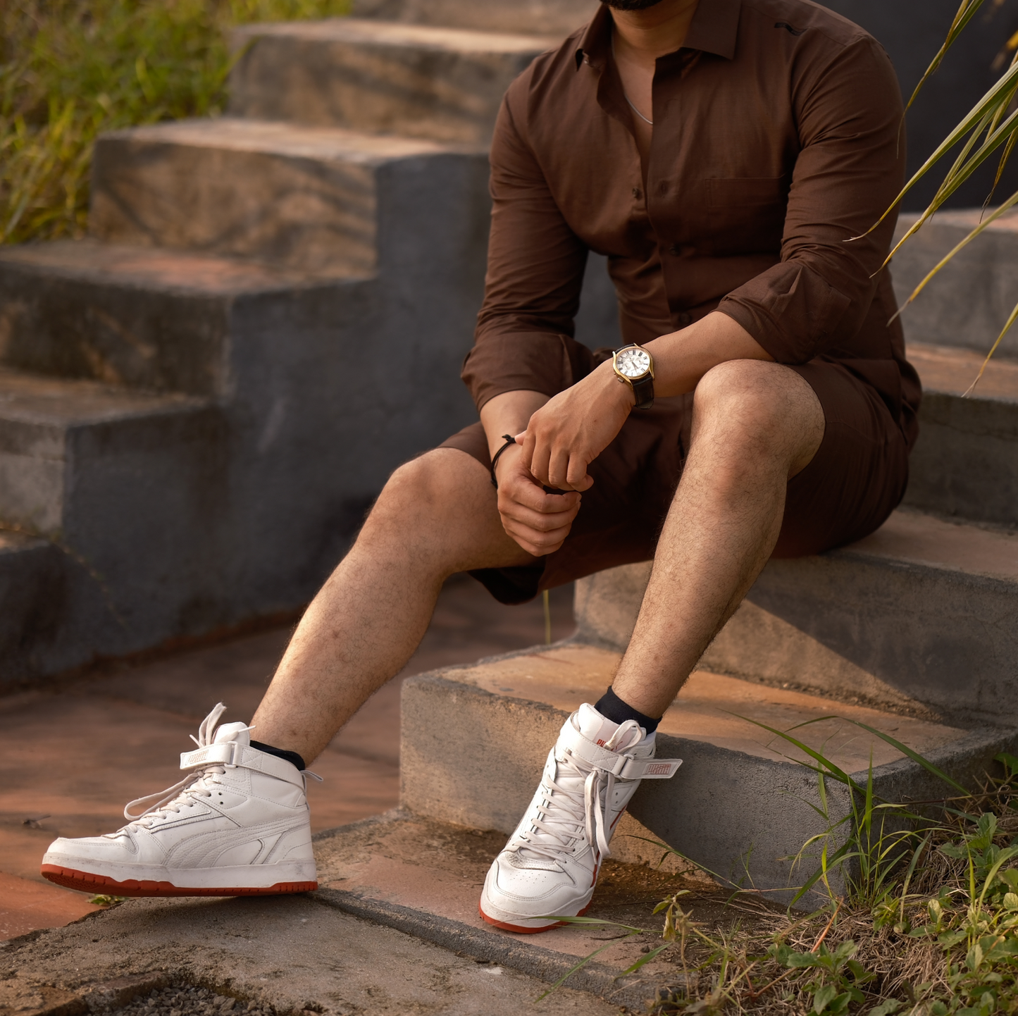 Brown - Cotton Linen Co-ord Set - Full Shirt Half Pant