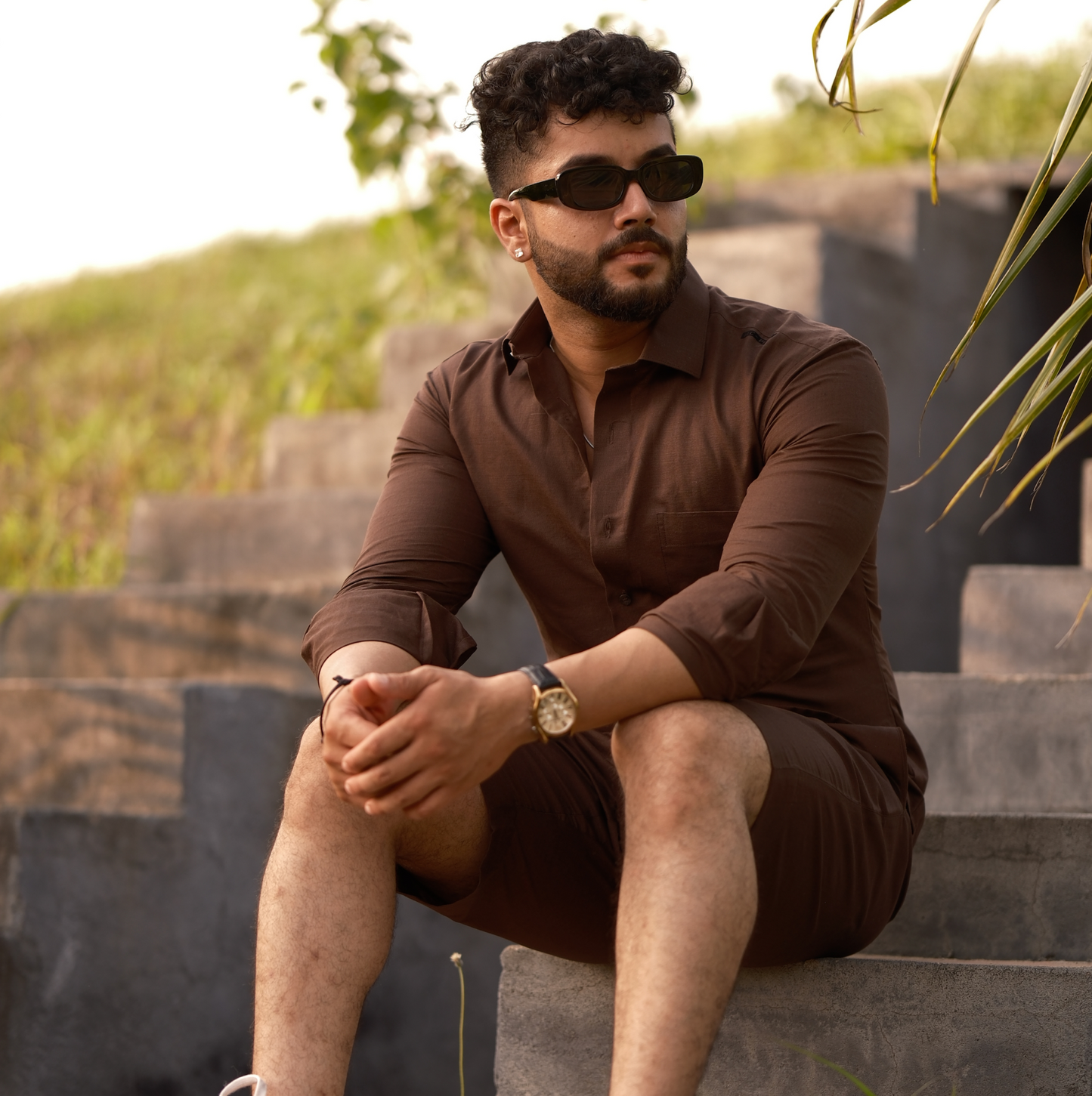 Brown - Cotton Linen Co-ord Set - Full Shirt Half Pant