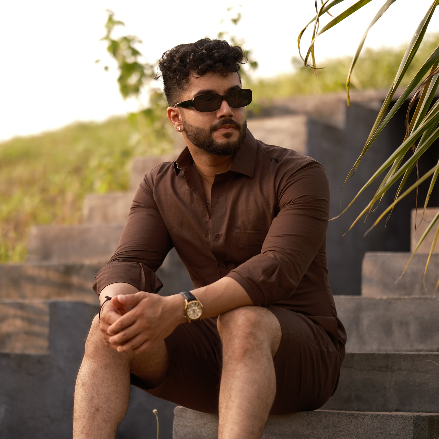 Brown - Cotton Linen Co-ord Set - Full Shirt Half Pant