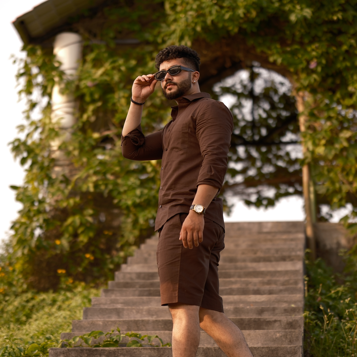 Brown - Cotton Linen Co-ord Set - Full Shirt Half Pant