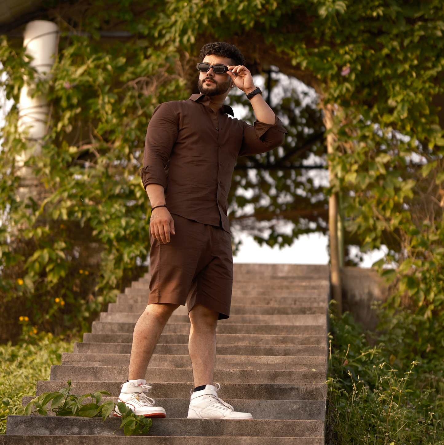 Brown - Cotton Linen Co-ord Set - Full Shirt Half Pant
