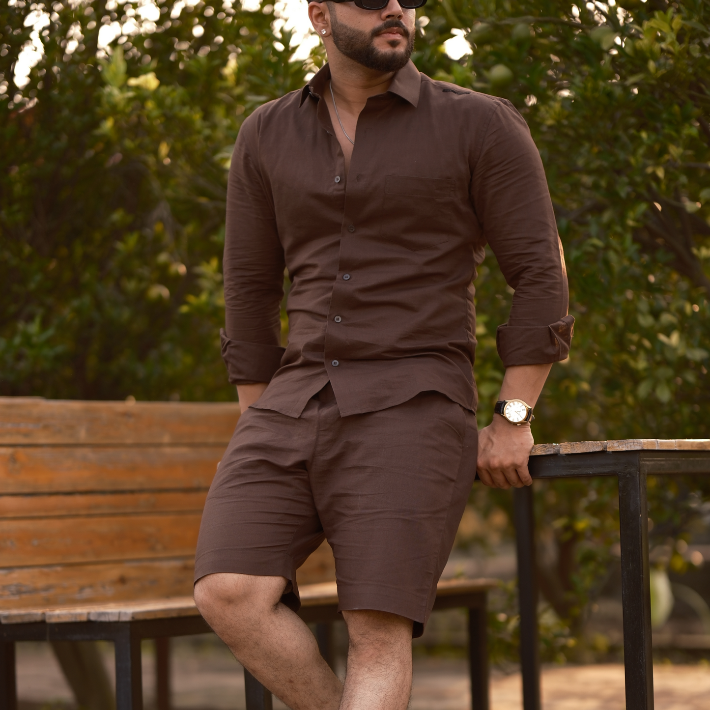 Brown - Cotton Linen Co-ord Set - Full Shirt Half Pant