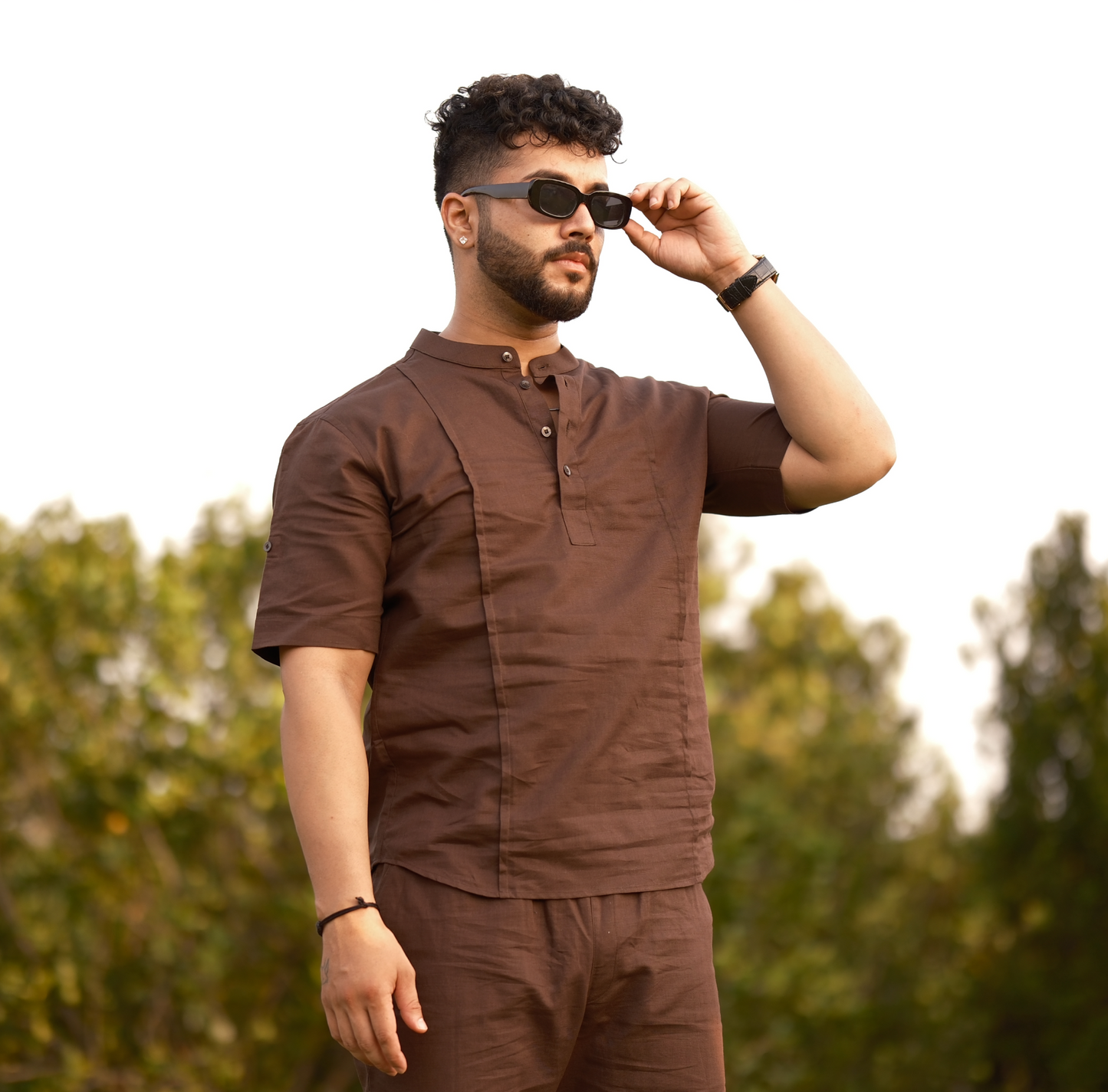 Brown - Cotton Linen Co-ord Set - Half Pant Half Shirt