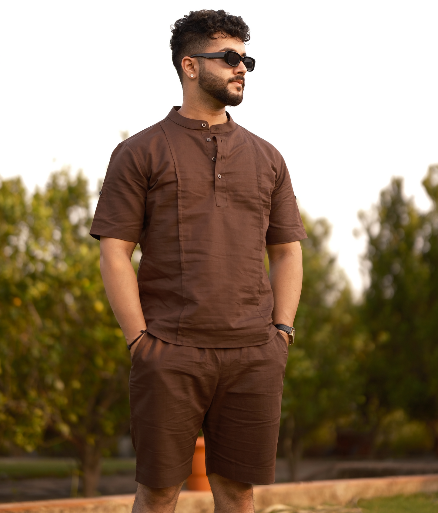 Brown - Cotton Linen Co-ord Set - Half Pant Half Shirt